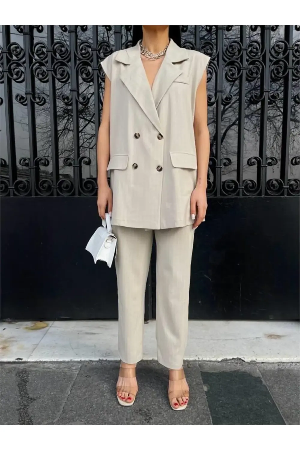 ÇİZGİLİ UZUN YELEK - PANTOLON TAKIM POLVİSCON - Bej