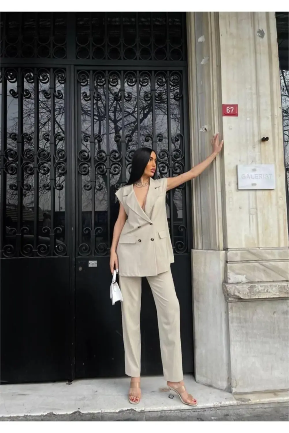 ÇİZGİLİ UZUN YELEK - PANTOLON TAKIM POLVİSCON - Bej