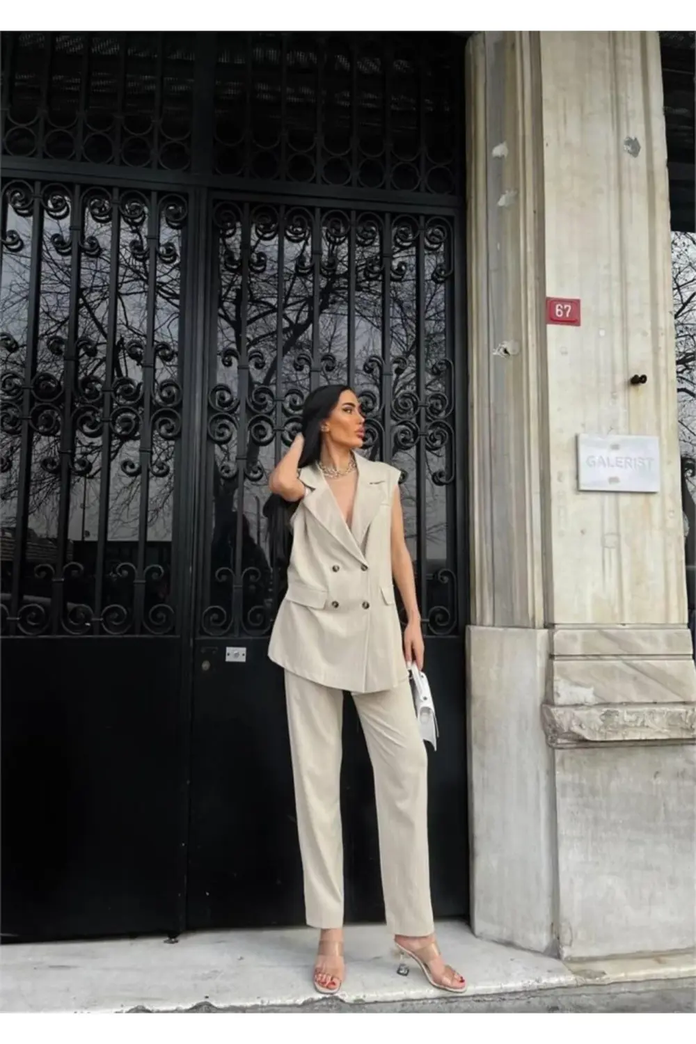 ÇİZGİLİ UZUN YELEK - PANTOLON TAKIM POLVİSCON - Bej