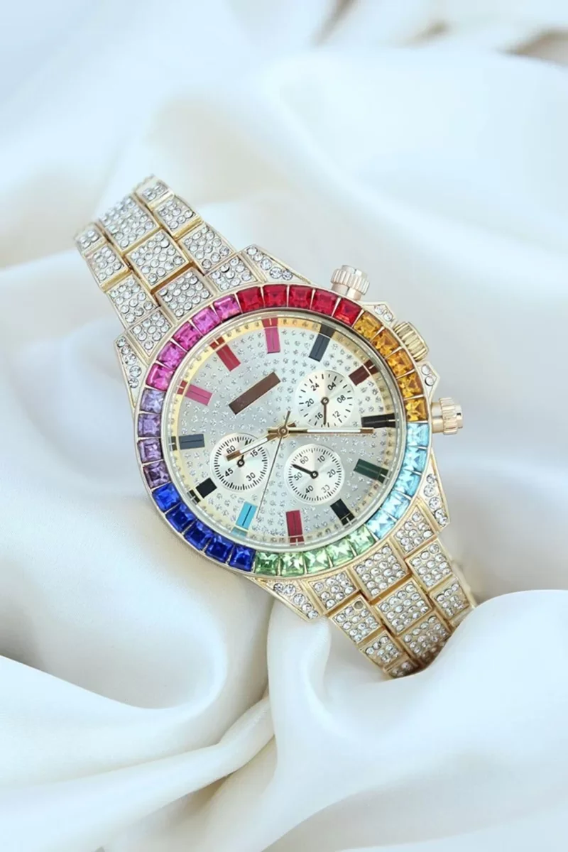 Clariss Trend Gold Metal Kordonlu Zirkon Taş Kaplama Renkli Taşlı Kasa Tasarımlı Lüx Kadın Kol Saati ( Lisinya ) Fiyatı, Yorumları ve Özellikleri