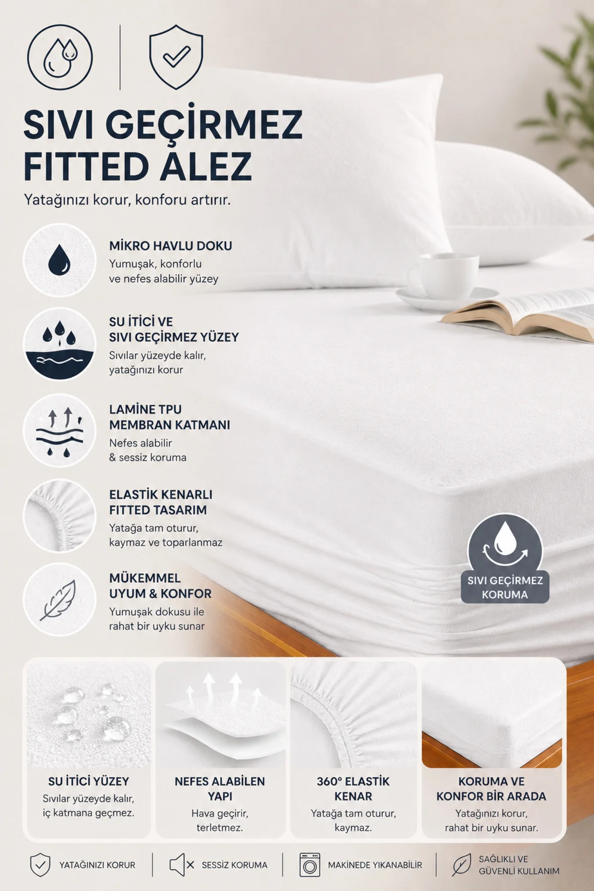 Classic Mikro Fitted Full Kenar Su Sıvı Geçirmez Yatak Koruyucu Alez Bebek-Tek-Çift Kişilik Battal
