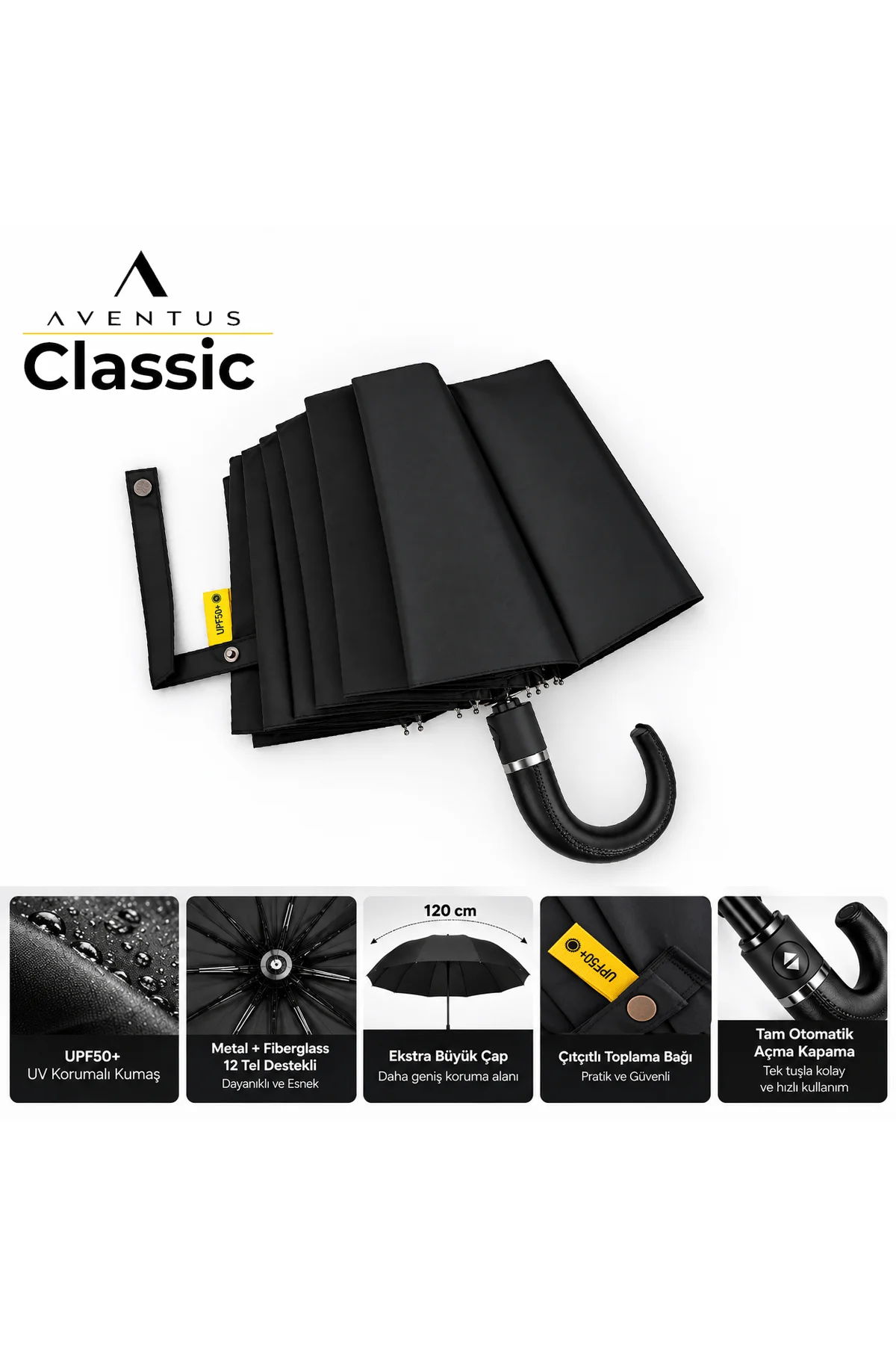 Classic – Otomatik Açılır Kapanır Baston Şemsiye | UPF50+ Siyah