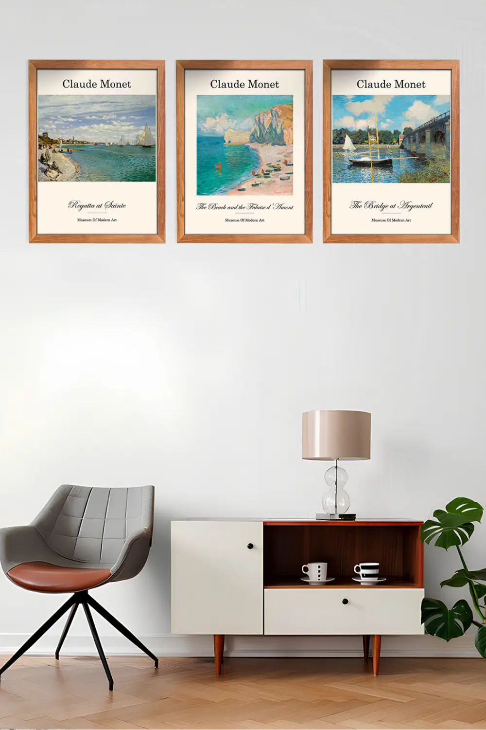 Claude Monet Dekorize Pastel 3'lü Set , Çerçeve Görünümlü Modern 