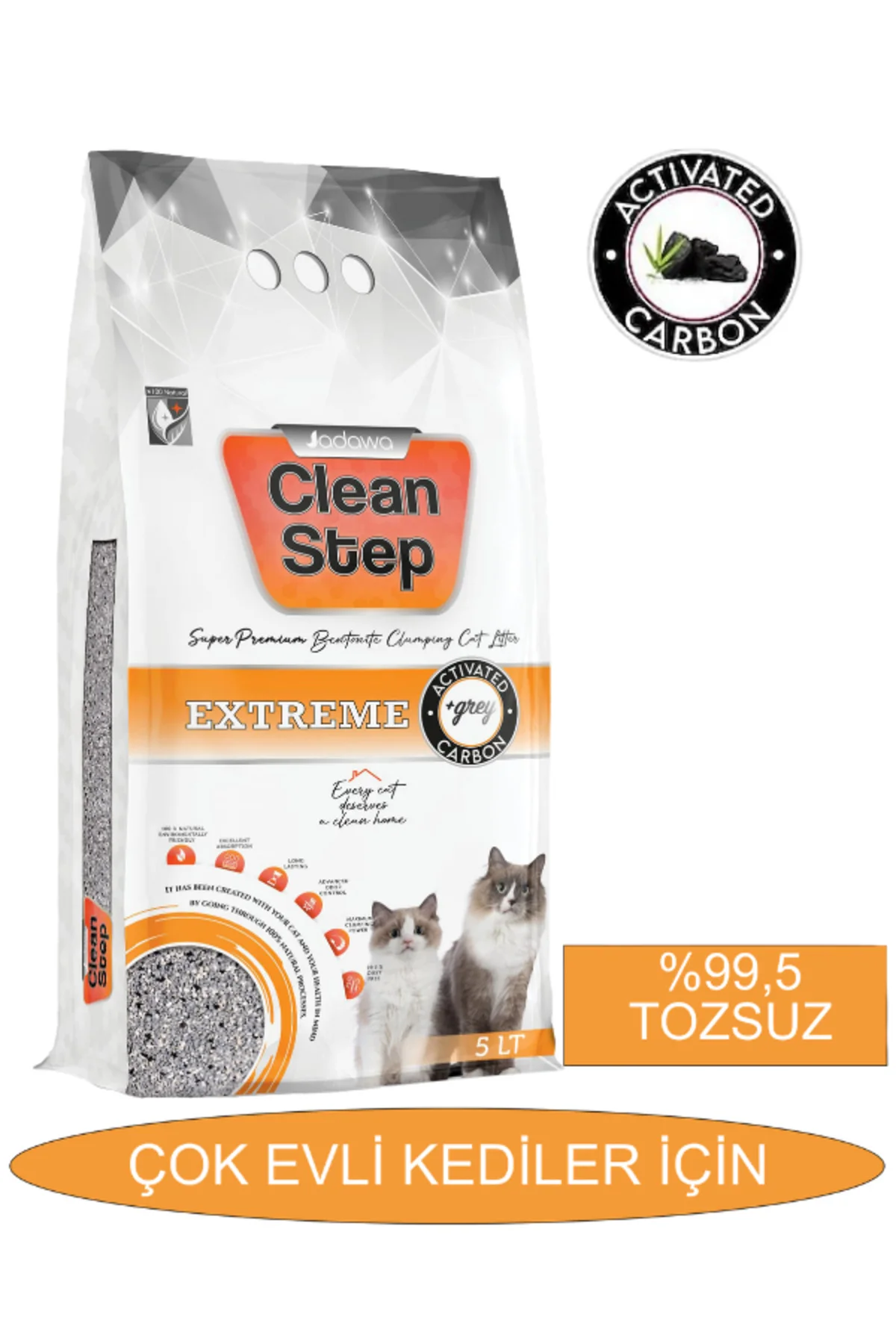 Clean Step Extreme Aktif Karbonlu Süper Güçlü Topaklanan Kokusuz İnce Tane Bentonit Kedi Kumu 10Lt