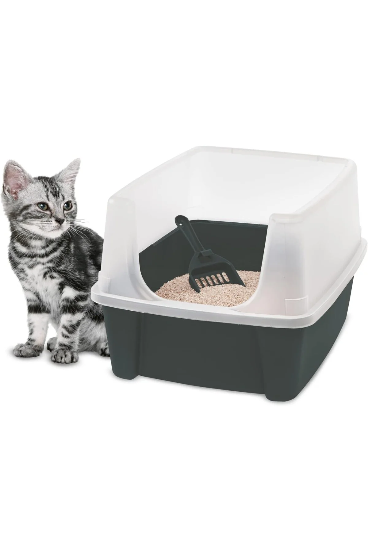 CLH-12 kedi tuvaleti, kürekli, 7 kg'a kadar, gri, açık, kapaksız,
