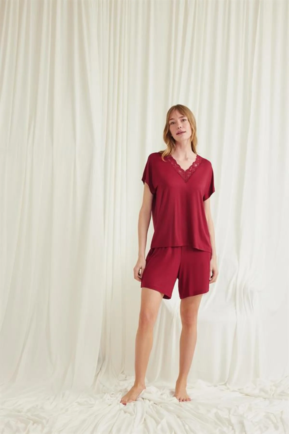 Closet Kısa Kollu Dantelli V Yaka Şort Pijama Takımı Closet Kısa Kollu Dantelli V Yaka Şort Pijama Takımı