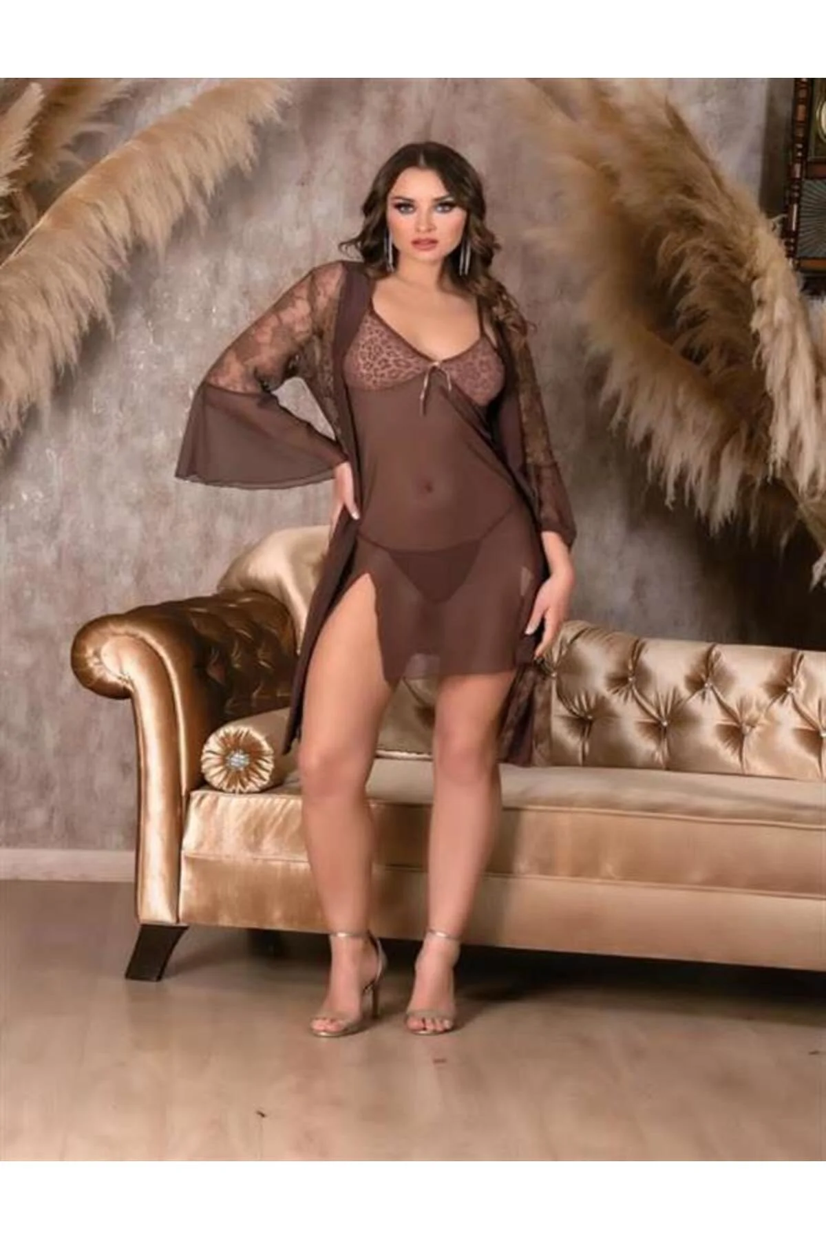 Closet Leopar Desenli Dantel İşlemeli Tül Yırtmaçlı 2'li Gecelik Closet Leopar Desenli Dantel İşlemeli Tül Yırtmaçlı 2'li Gecelik