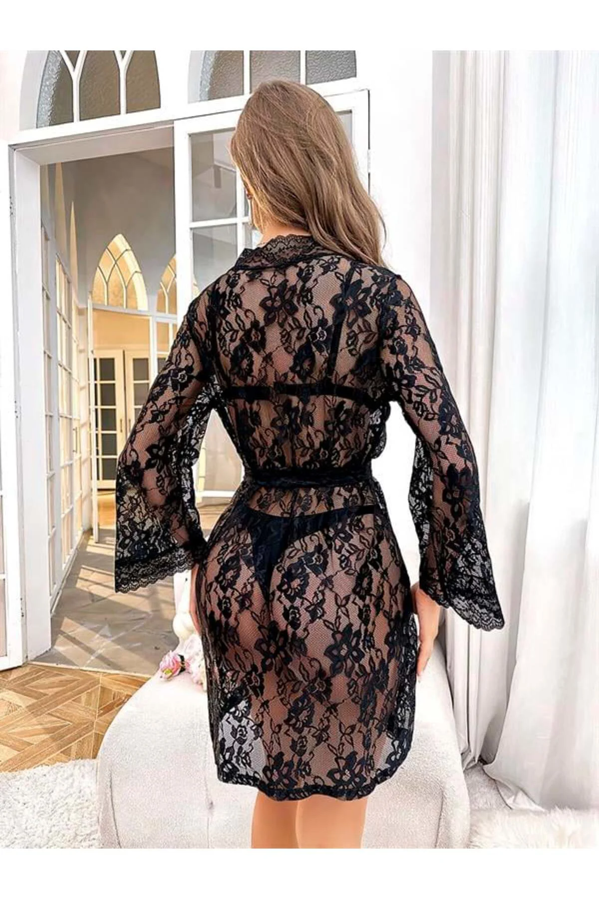Closet Özel Tasarım Çiçek Desenli Full Dantel İşlemeli Şık Siyah Gecelik Sabahlık Closet Özel Tasarım Çiçek Desenli Full Dantel İşlemeli Şık Siyah Gecelik Sabahlık