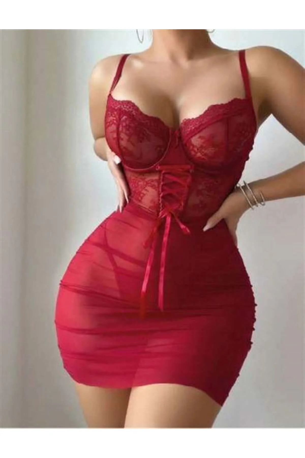 Closet Özel Tasarım Korse Görünümlü Bordo Dantel İşlemeli Tül Gecelik Closet Özel Tasarım Korse Görünümlü Bordo Dantel İşlemeli Tül Gecelik