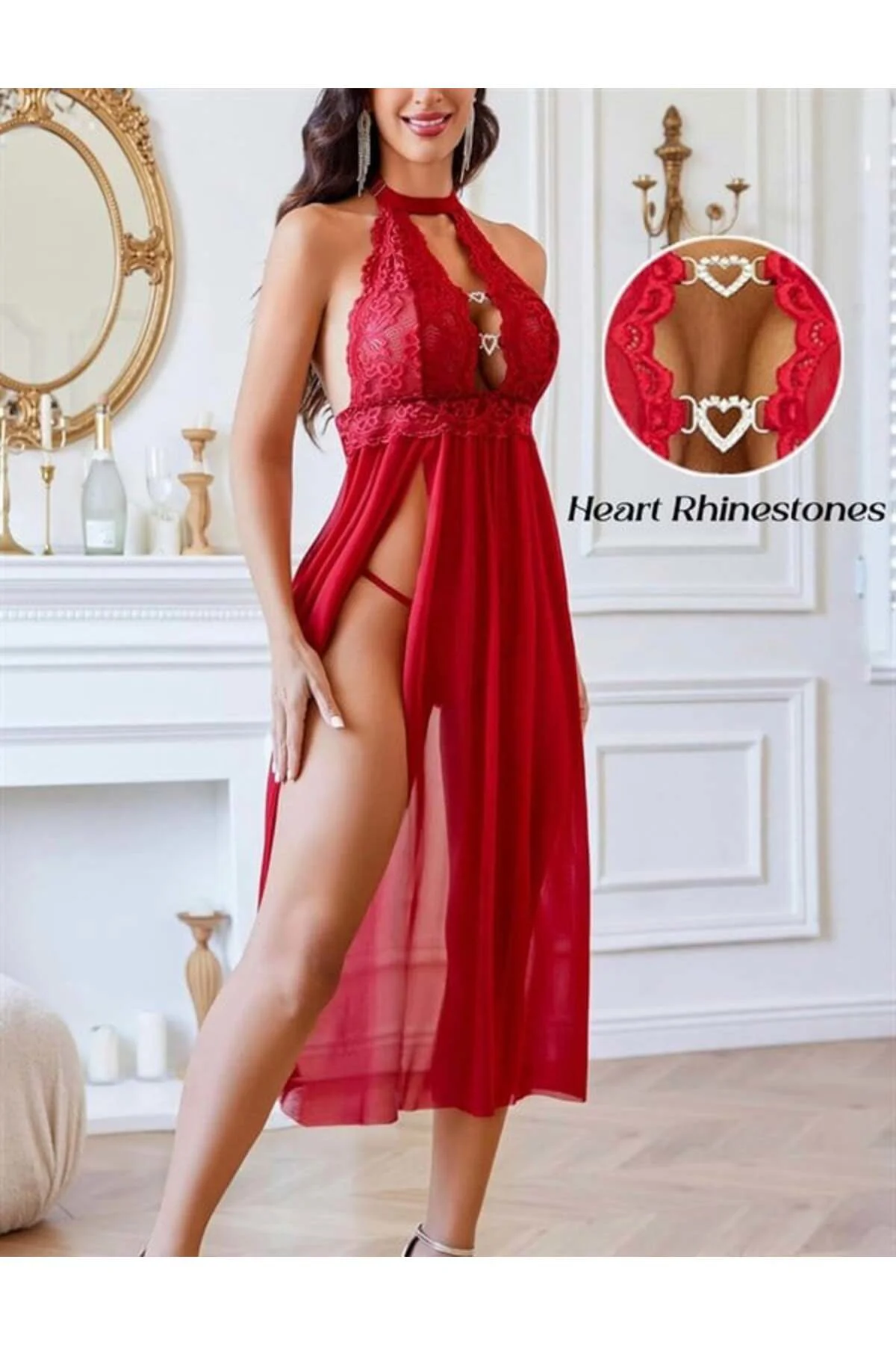 Closet Özel Tasarım Kırmızı Dantel İşlemeli Göğüs Detaylı Yırtmaç Closet Özel Tasarım Kırmızı Dantel İşlemeli Göğüs Detaylı Yırtmaç