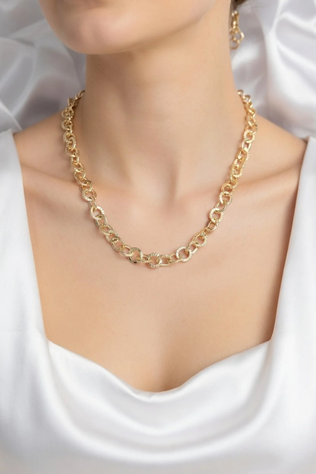 CM 14K Gold Renk Kalın Halka Zincirli 60 cm Kadın Kolye