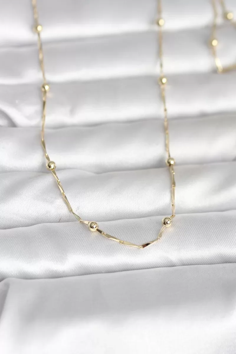 CM 14K Gold Renk Kesme Çubuk Zincir Topçuklu Model 60 cm Kadın Kolye - Lisinya