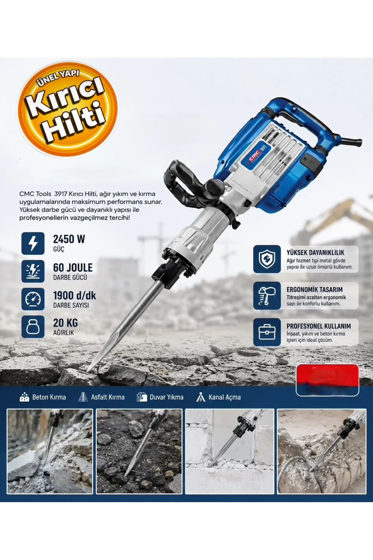 CMC3917 Elektrikli Sds Kırıcı Matkap Hilti 2450 Watt 60 Joule Kır