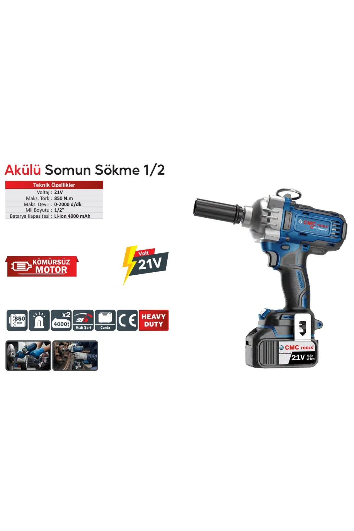 CMC3921 Akülü Somun Sıkma Makinesi 21v 850 Nm Tork 1/2
