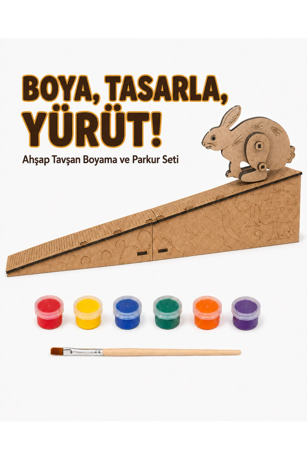 Çocuk Ahşap Hareketli Tavşan Boyama Seti – 6 Renk Boya, Fırça ve Kolay Montaj Parkuru Çocuk Ahşap Hareketli Tavşan Boyama Seti – 6 Renk Boya, Fırça ve Kolay Montaj Parkuru