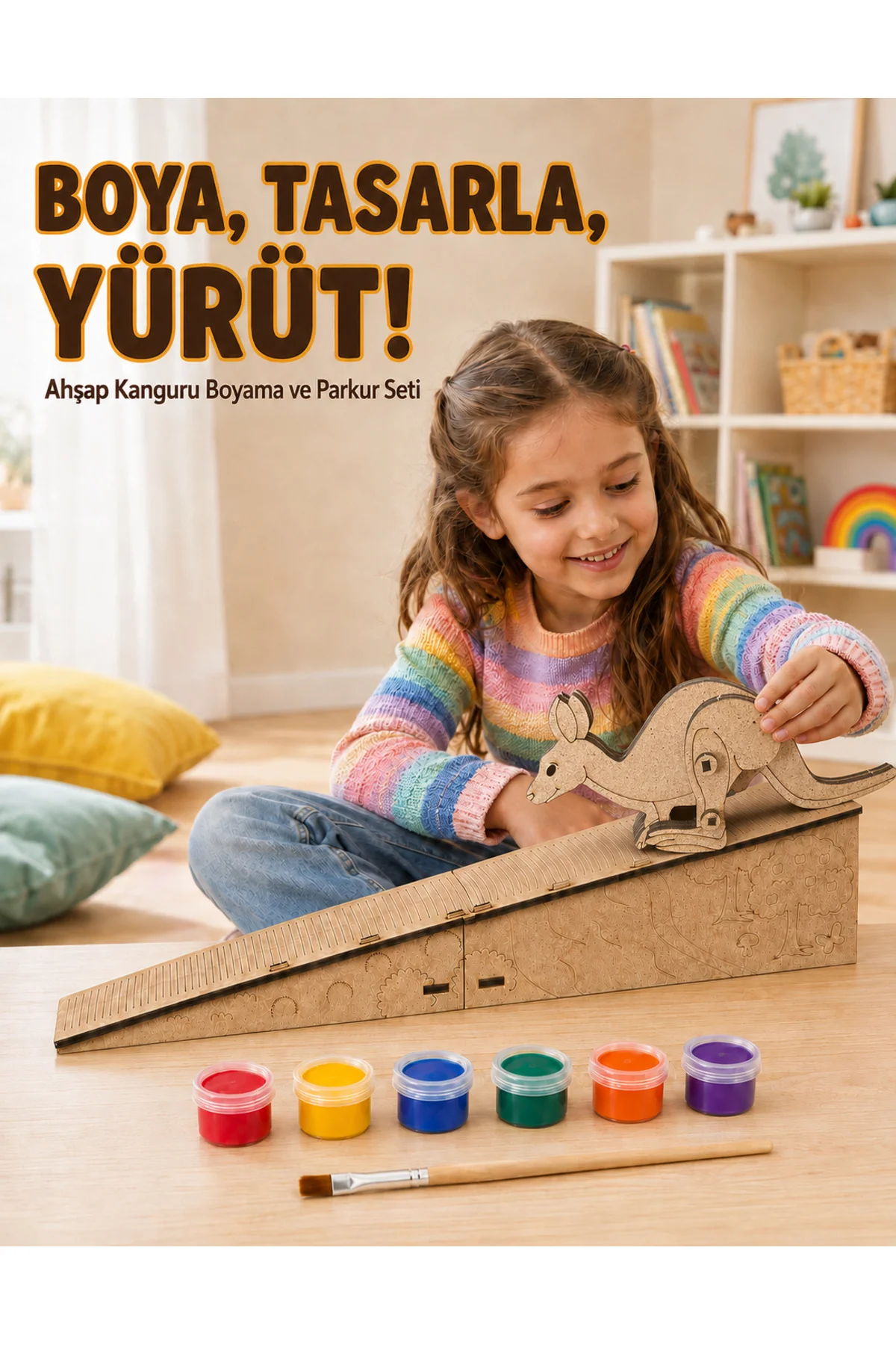 Çocuk Ahşap Hareketli Kanguru Boyama Seti – 6 Renk Boya, Fırça ve Kolay Montaj Parkuru