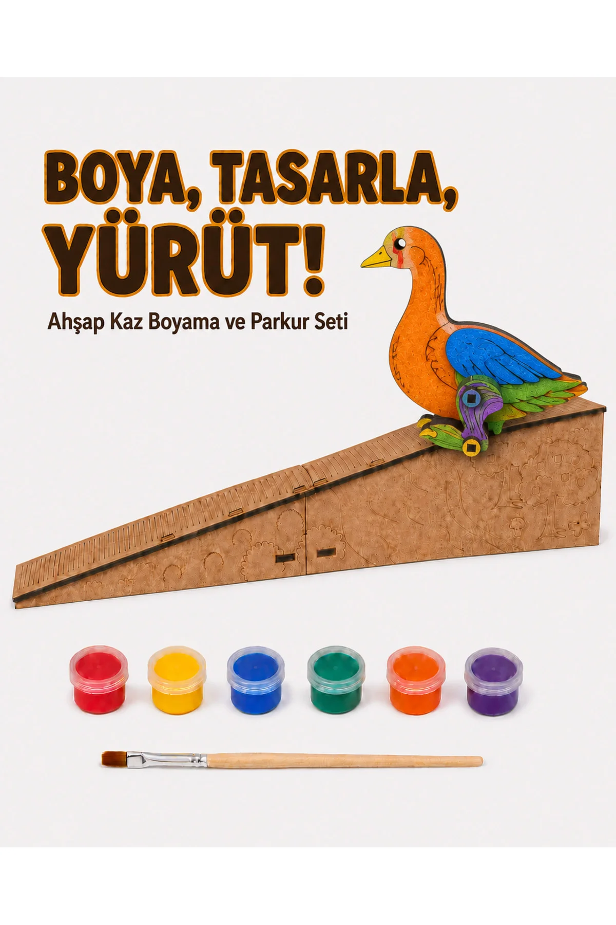 Çocuk Ahşap Hareketli Kaz Boyama Seti – 6 Renk Boya, Fırça ve Kolay Montaj Parkuru