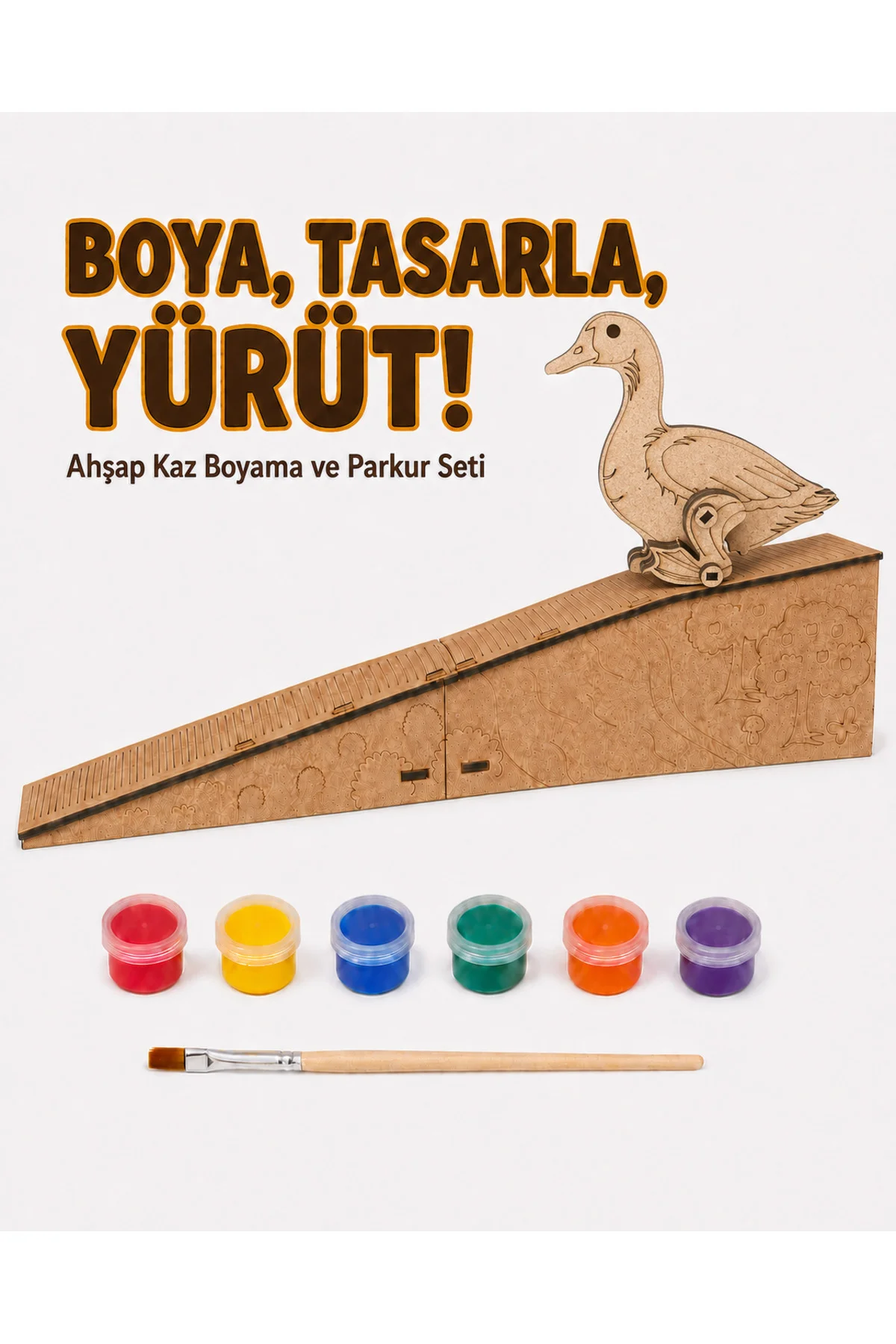 Çocuk Ahşap Hareketli Kaz Boyama Seti – 6 Renk Boya, Fırça ve Kolay Montaj Parkuru