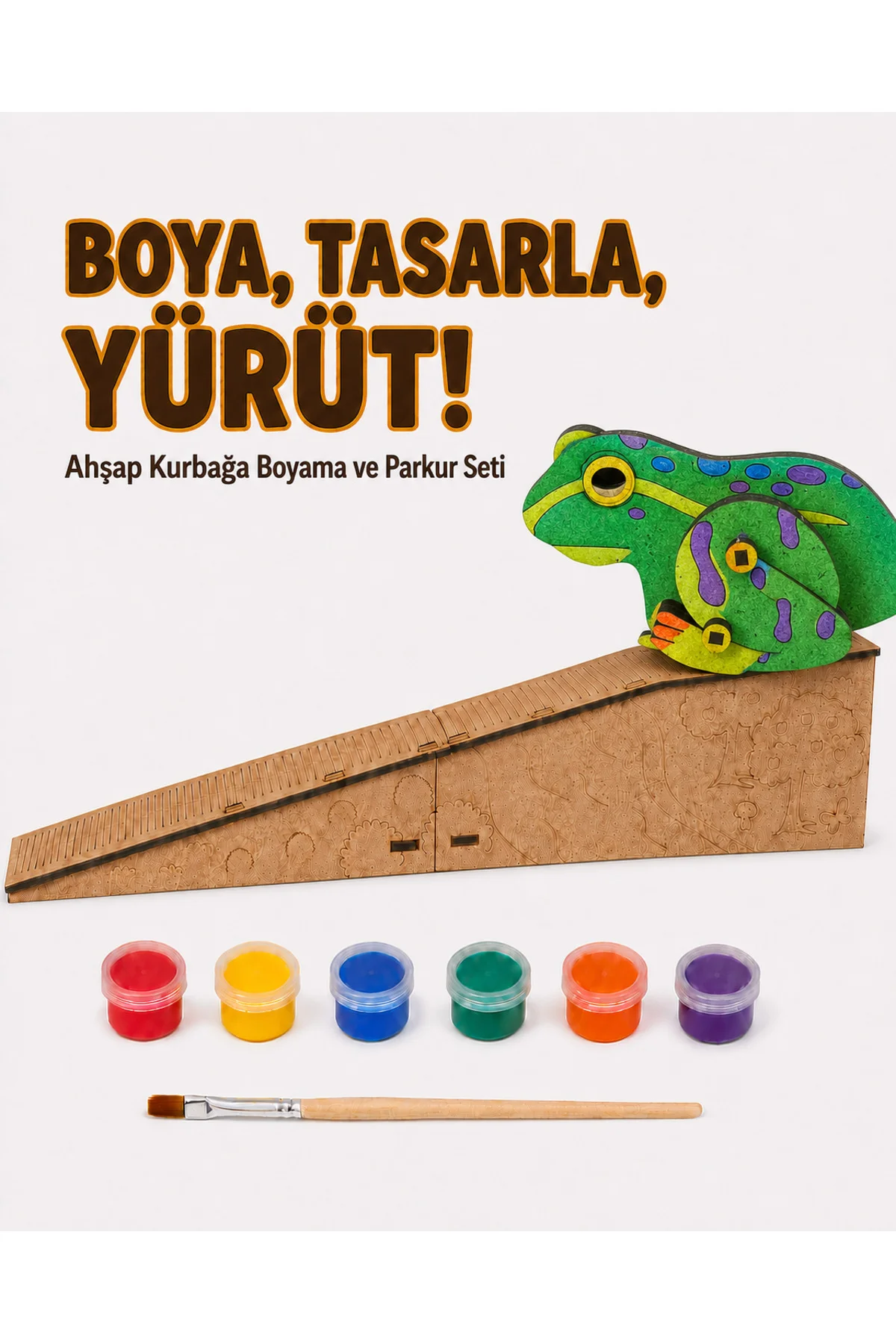 Çocuk Ahşap Hareketli Kurbağa Boyama Seti – 6 Renk Boya, Fırça ve Kolay Montaj Parkuru Çocuk Ahşap Hareketli Kurbağa Boyama Seti – 6 Renk Boya, Fırça ve Kolay Montaj Parkuru