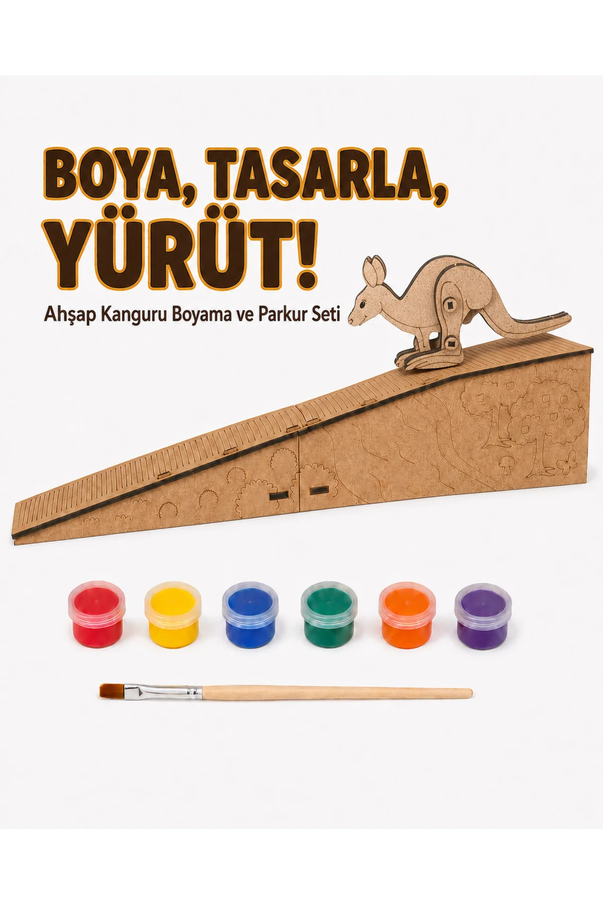Çocuk Ahşap Hareketli Kanguru Boyama Seti – 6 Renk Boya, Fırça ve Kolay Montaj Parkuru