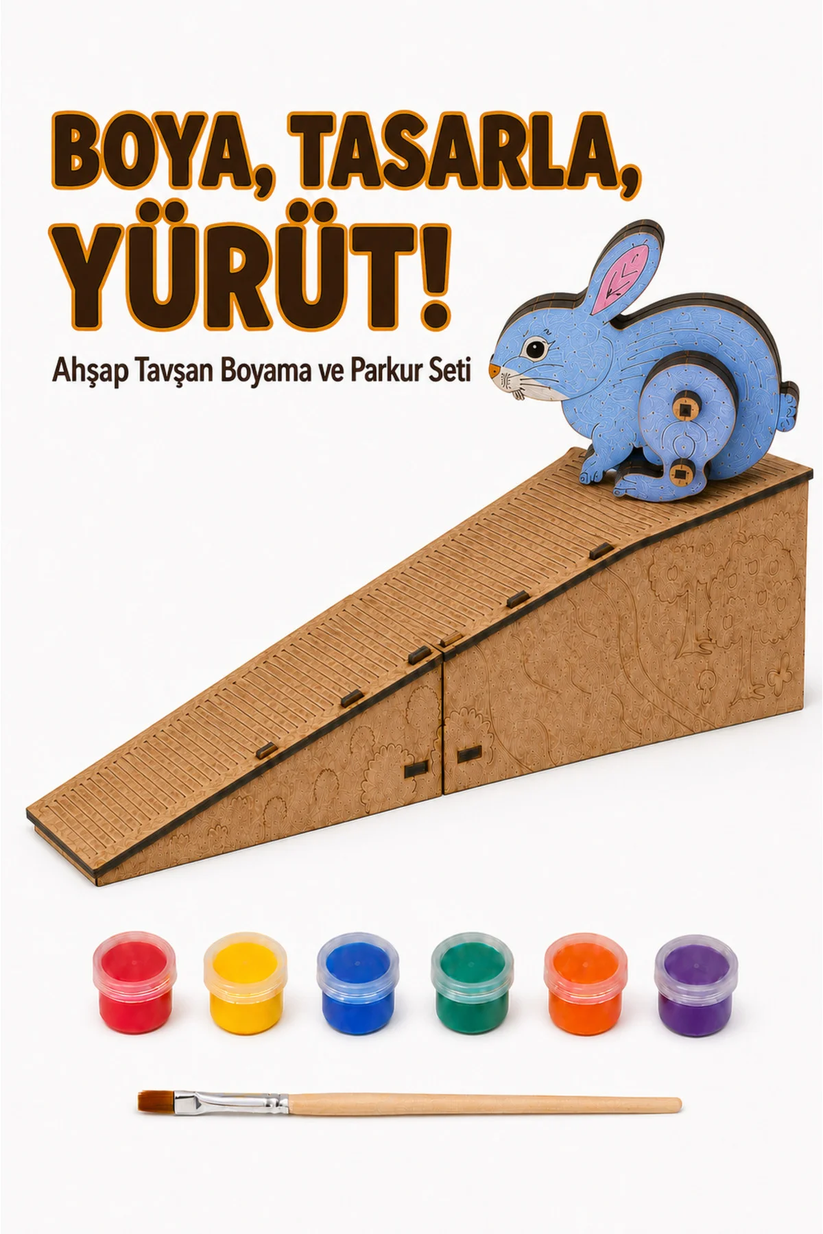 Çocuk Ahşap Hareketli Tavşan Boyama Seti – 6 Renk Boya, Fırça ve Kolay Montaj Parkuru Çocuk Ahşap Hareketli Tavşan Boyama Seti – 6 Renk Boya, Fırça ve Kolay Montaj Parkuru