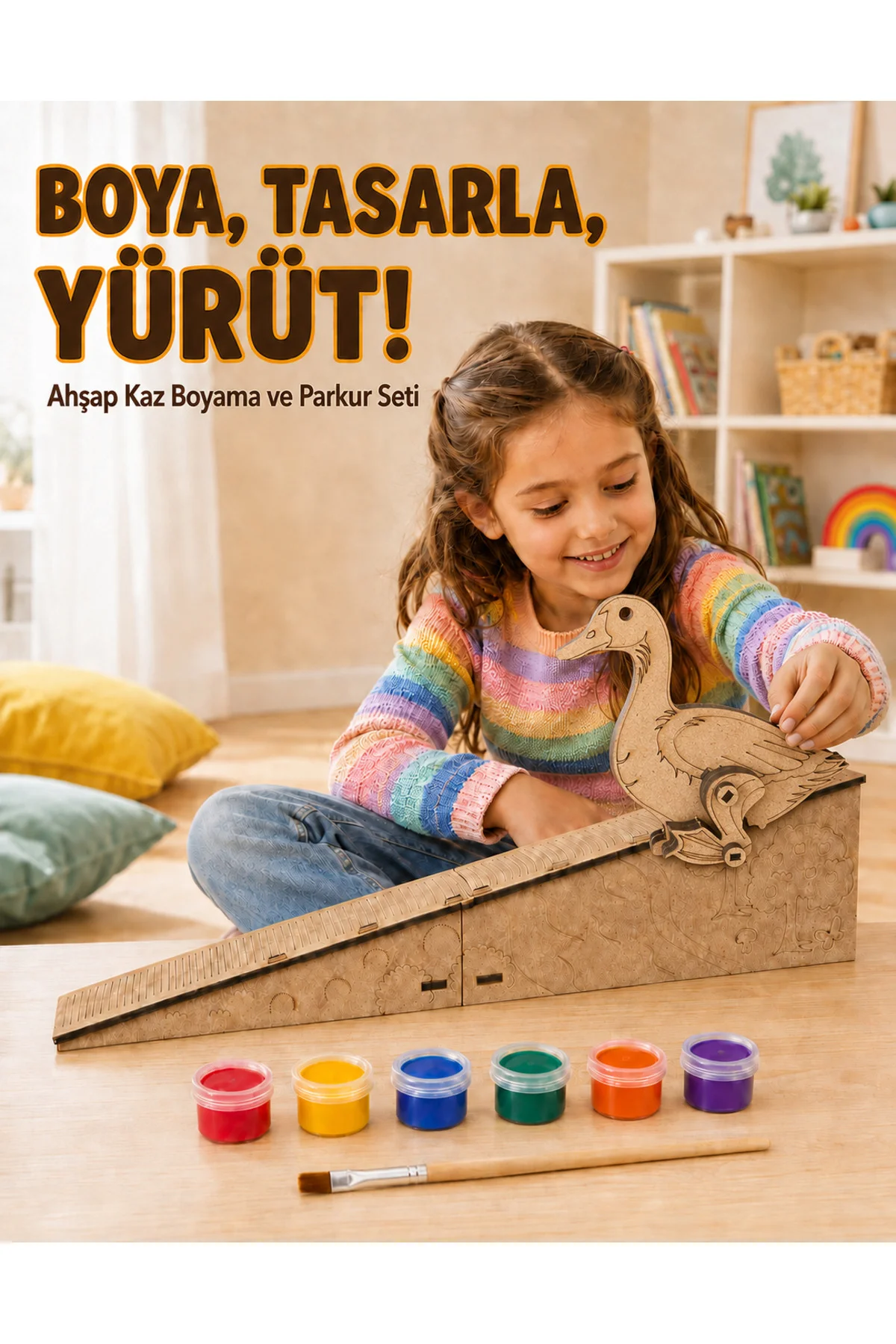 Çocuk Ahşap Hareketli Kaz Boyama Seti – 6 Renk Boya, Fırça ve Kolay Montaj Parkuru