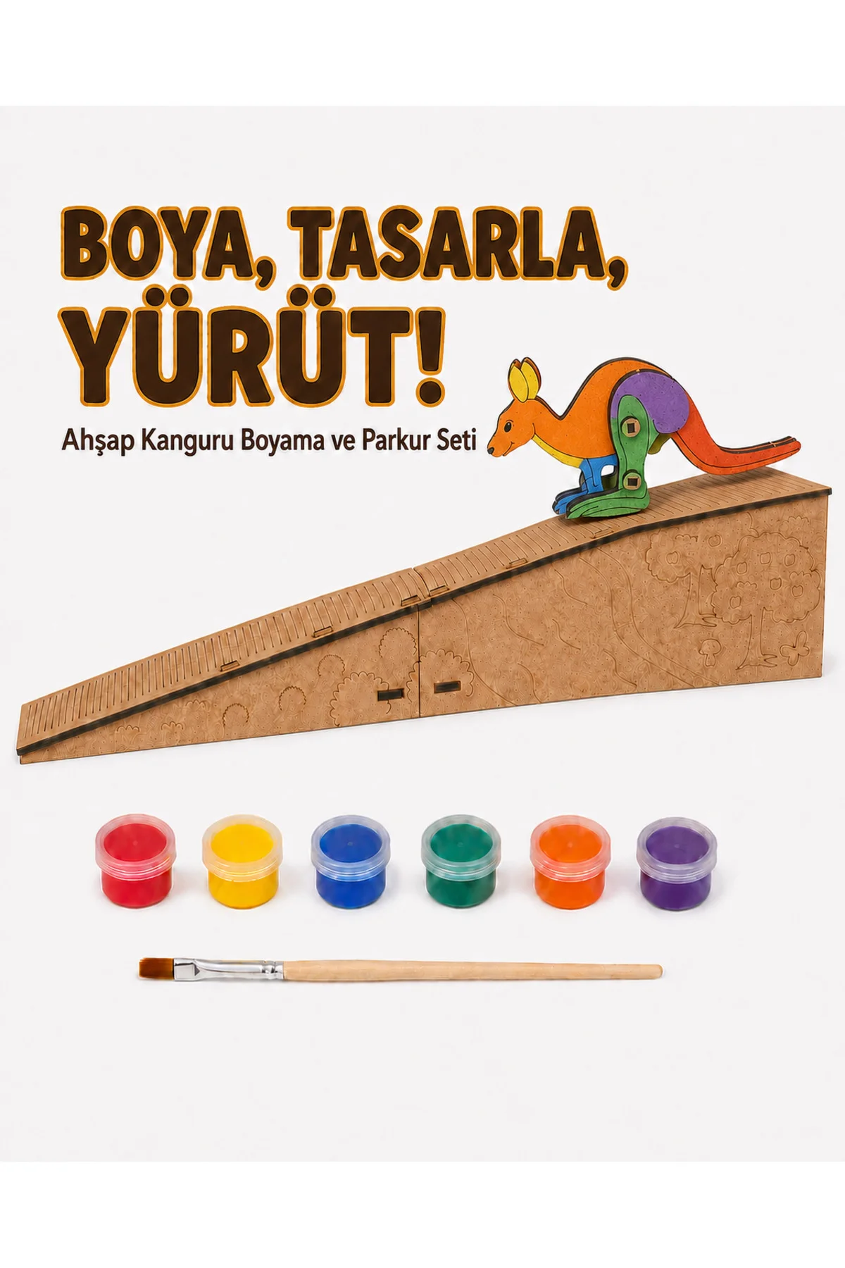 Çocuk Ahşap Hareketli Kanguru Boyama Seti – 6 Renk Boya, Fırça ve Kolay Montaj Parkuru
