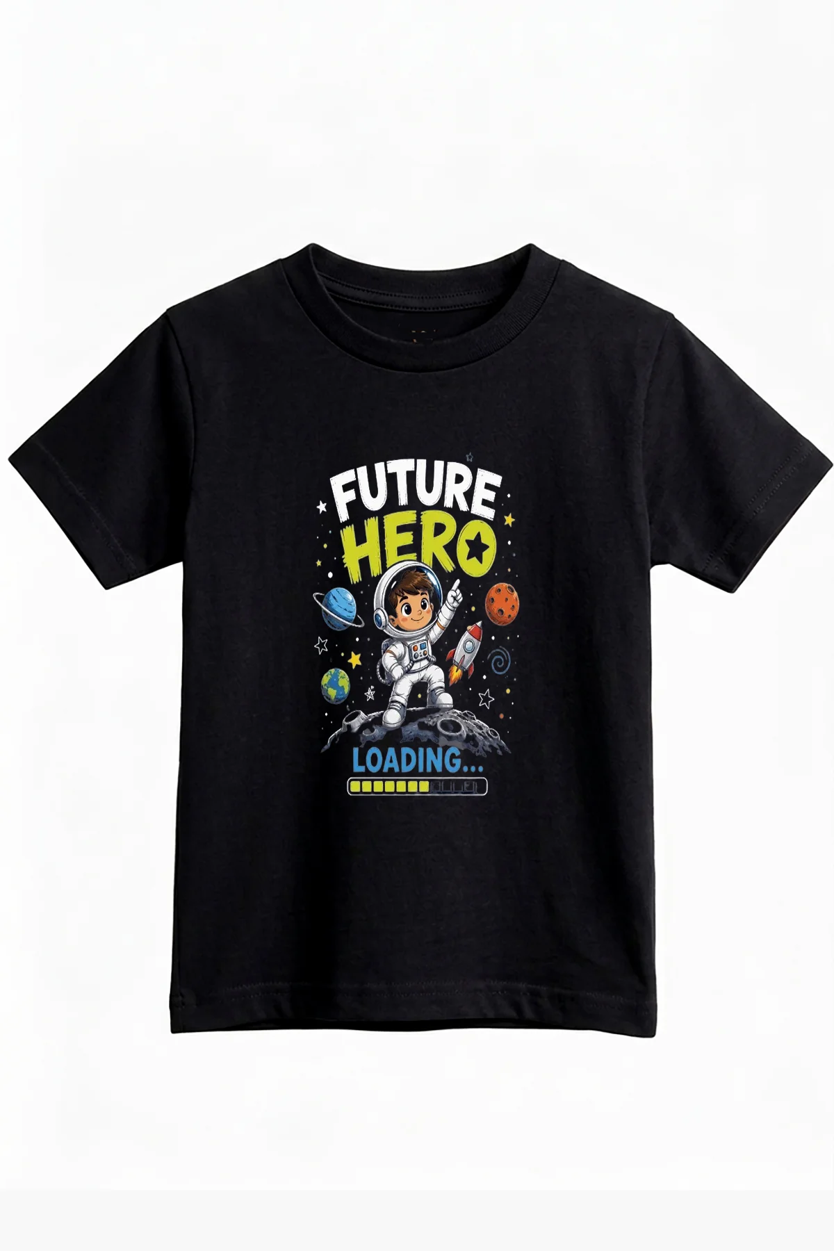 Çocuk Astronot Baskılı Bisiklet Yaka Kısa Kollu T-shirt
