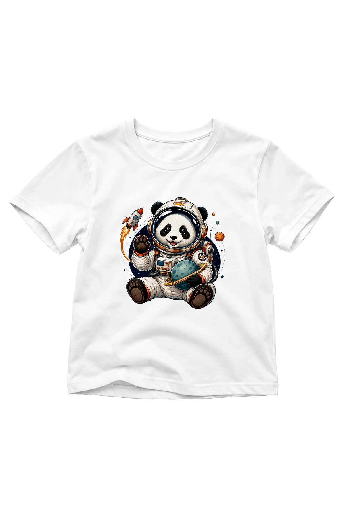Çocuk Astronot Panda Baskılı Uzay ve Gezegen Temalı Bisiklet Yaka Kısa Kollu Tişört