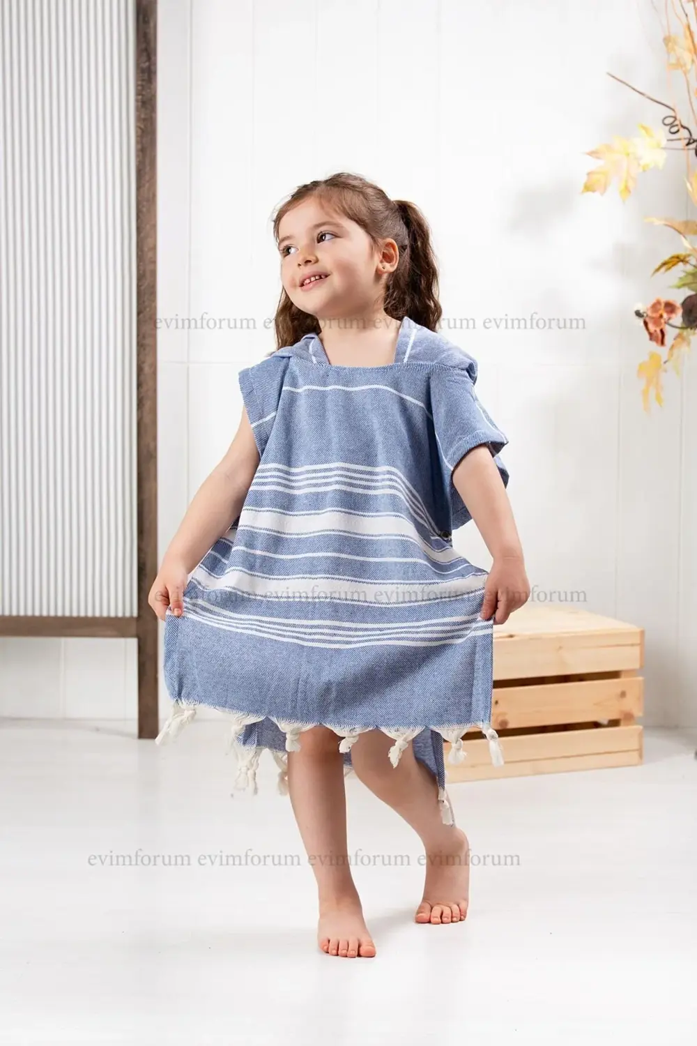 Çocuk Bornoz Panço %100 Pamuk Plaj Havlusu Peştemal Mavi