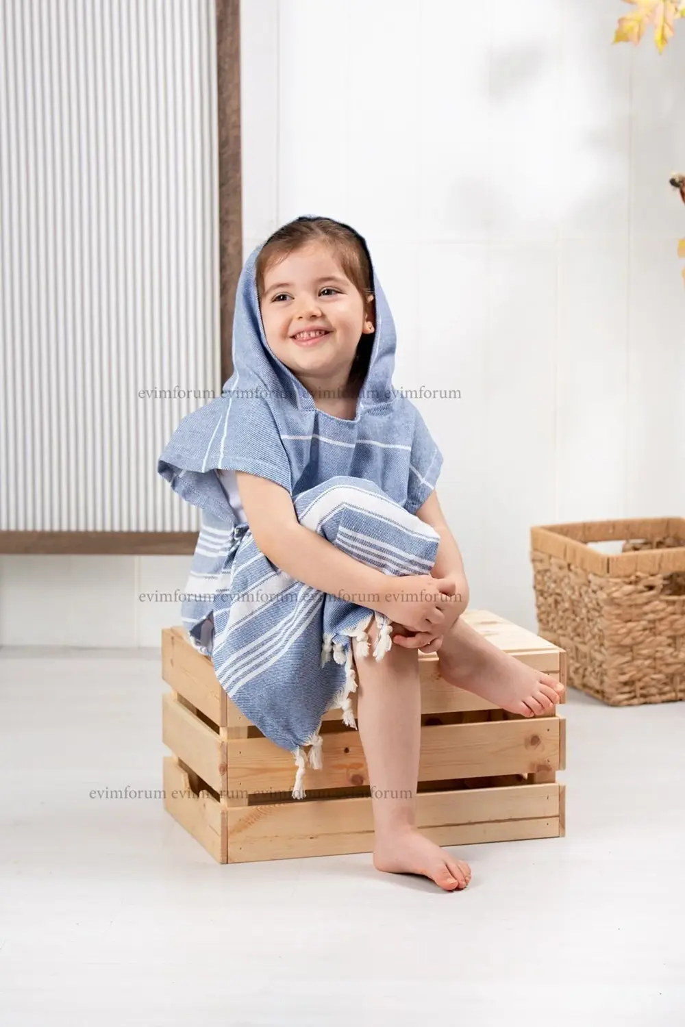 Çocuk Bornoz Panço %100 Pamuk Plaj Havlusu Peştemal Mavi