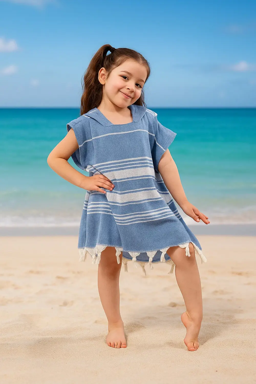 Çocuk Bornoz Panço %100 Pamuk Plaj Havlusu Peştemal Mavi