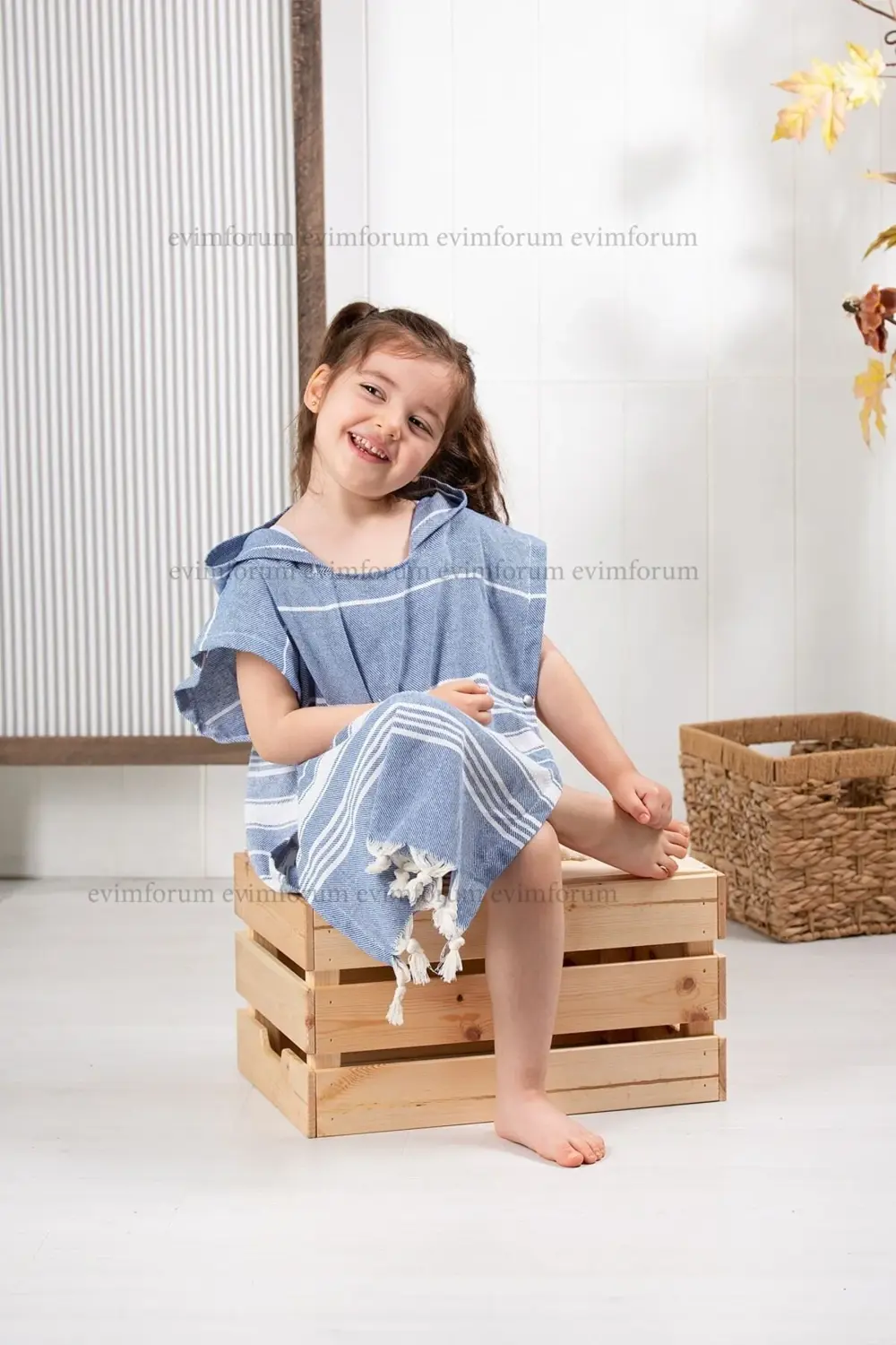 Çocuk Bornoz Panço %100 Pamuk Plaj Havlusu Peştemal Mavi