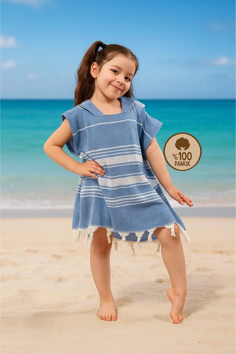 Çocuk Bornoz Panço %100 Pamuk Plaj Havlusu Peştemal Mavi