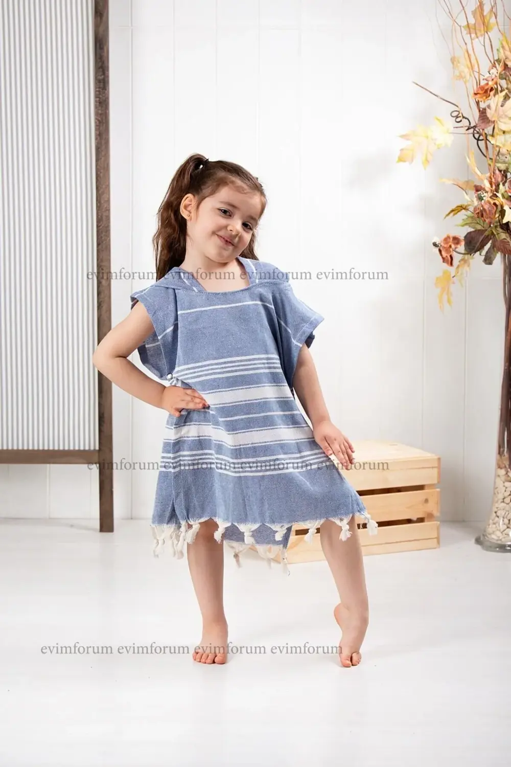 Çocuk Bornoz Panço %100 Pamuk Plaj Havlusu Peştemal Mavi