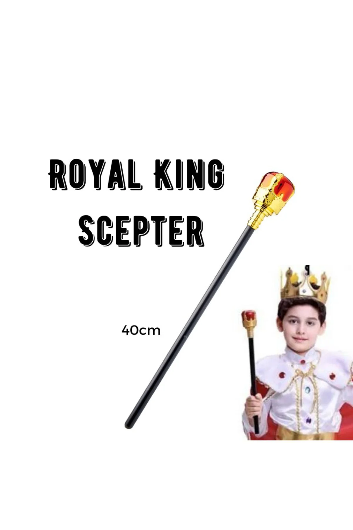 Çocuk Boy Altın Renk Kral Tacı ve Kırmızı Topuzlu Kral Asası GO50 Çocuk Boy Altın Renk Kral Tacı ve Kırmızı Topuzlu Kral Asası GO50