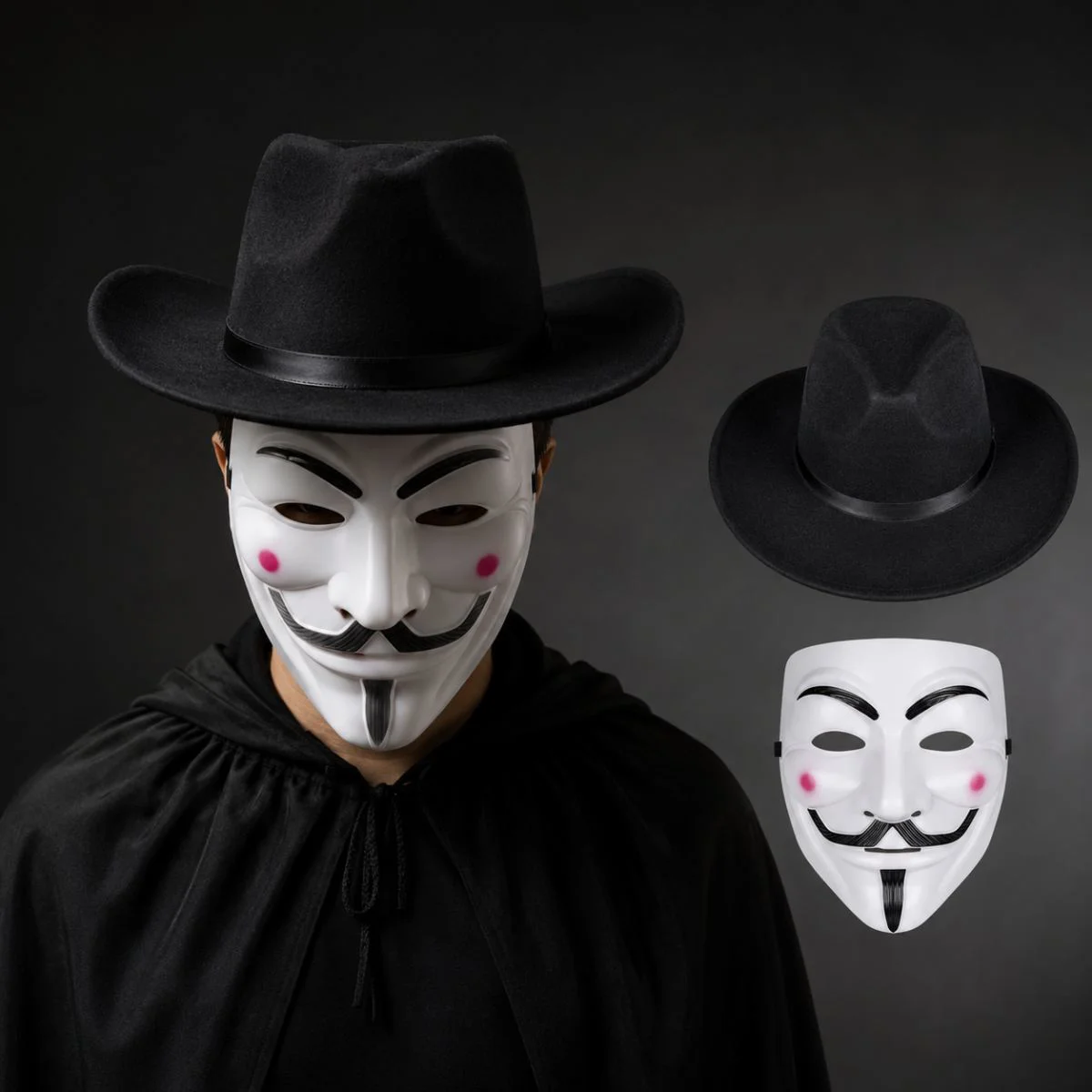 Çocuk Boy Siyah Delikli Vendetta Şapka ve Maske Seti Çocuk Boy Siyah Delikli Vendetta Şapka ve Maske Seti