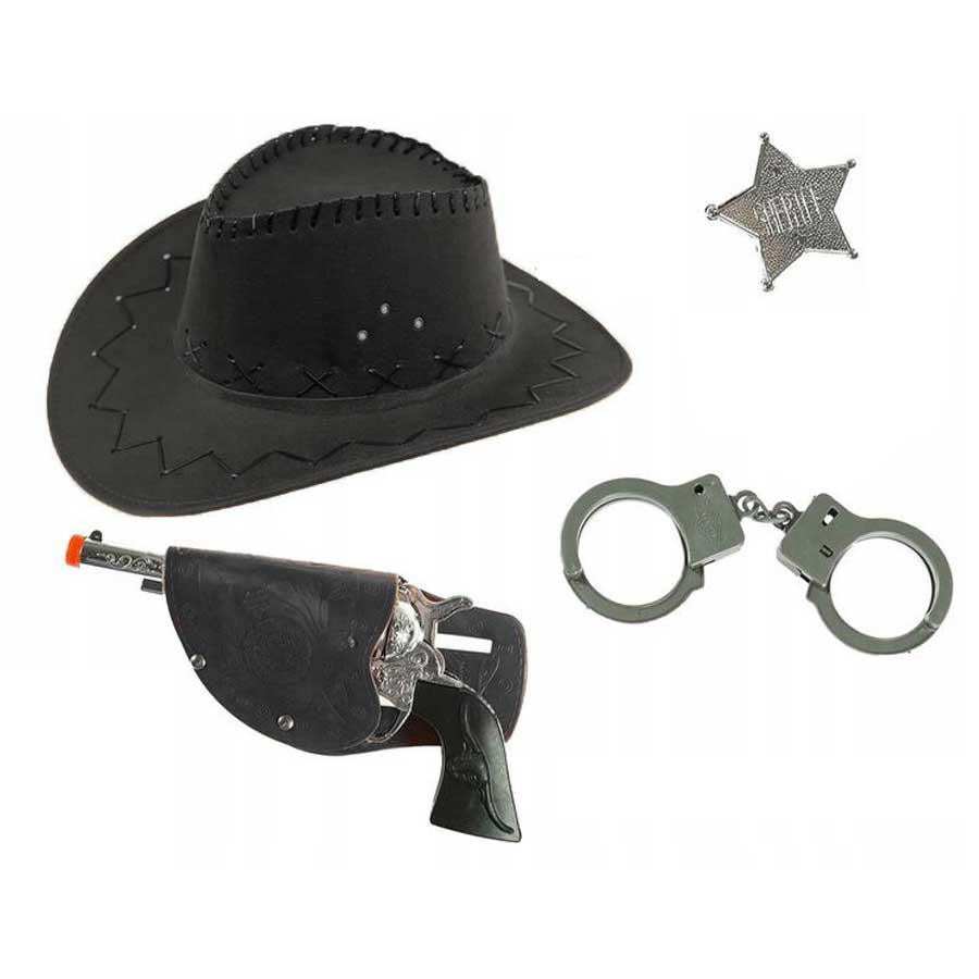 Evimdeyokyok Çocuk Boy Siyah Kovboy Şapka Tabanca Rozet Ve Kelepçe Seti 4 Parç