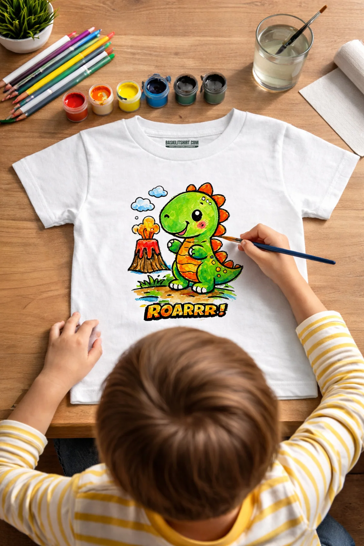 Çocuk Boyama Tişörtü Dinozor Desenli | Kumaş Boyası ile Eğitici ve Eğlenceli Aktivite Seti