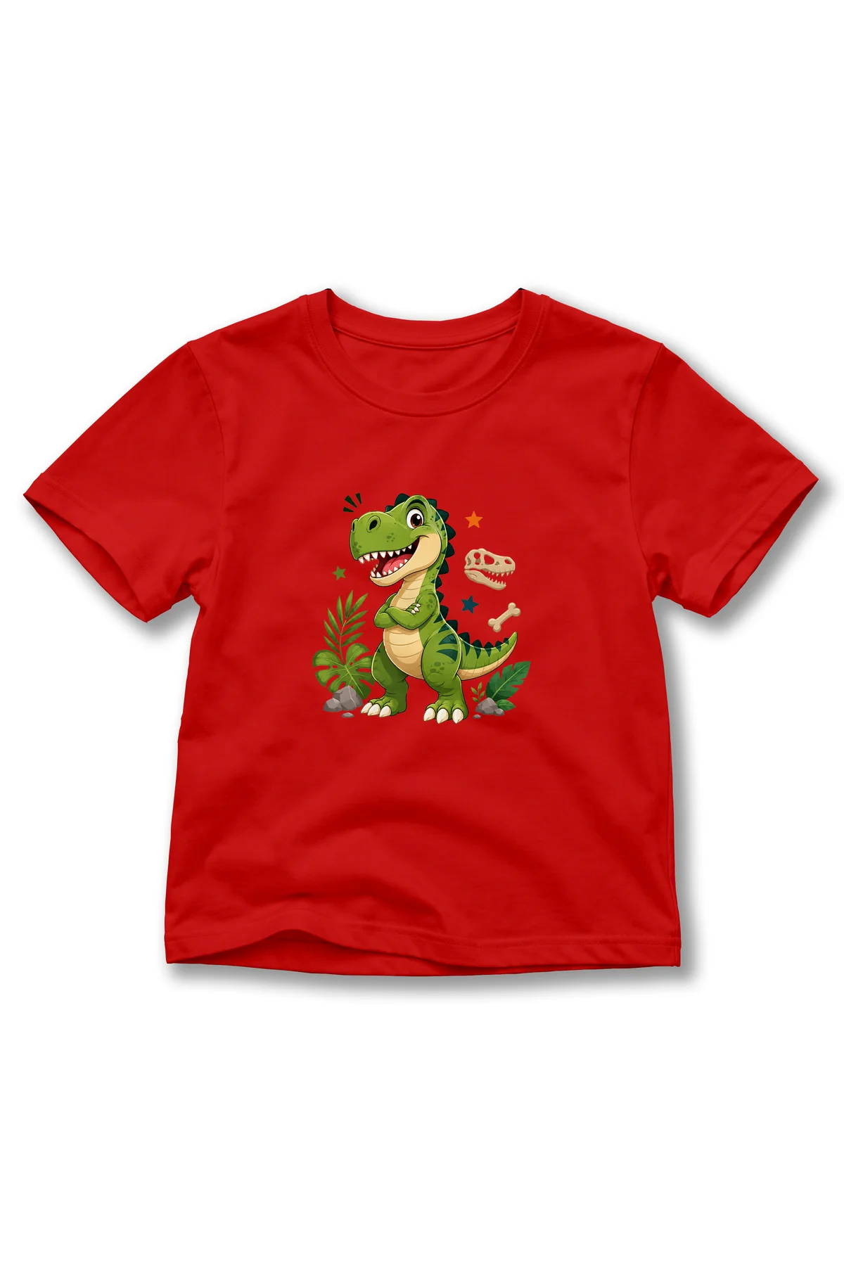 Çocuk Dinozor Baskılı Kısa Kollu Bisiklet Yaka T-Shirt