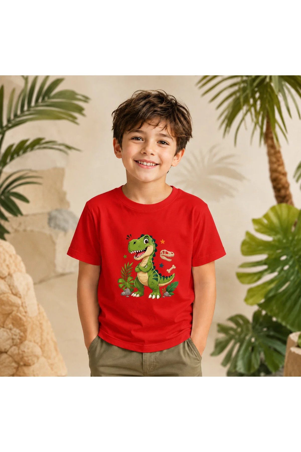 Çocuk Dinozor Baskılı Kısa Kollu Bisiklet Yaka T-Shirt