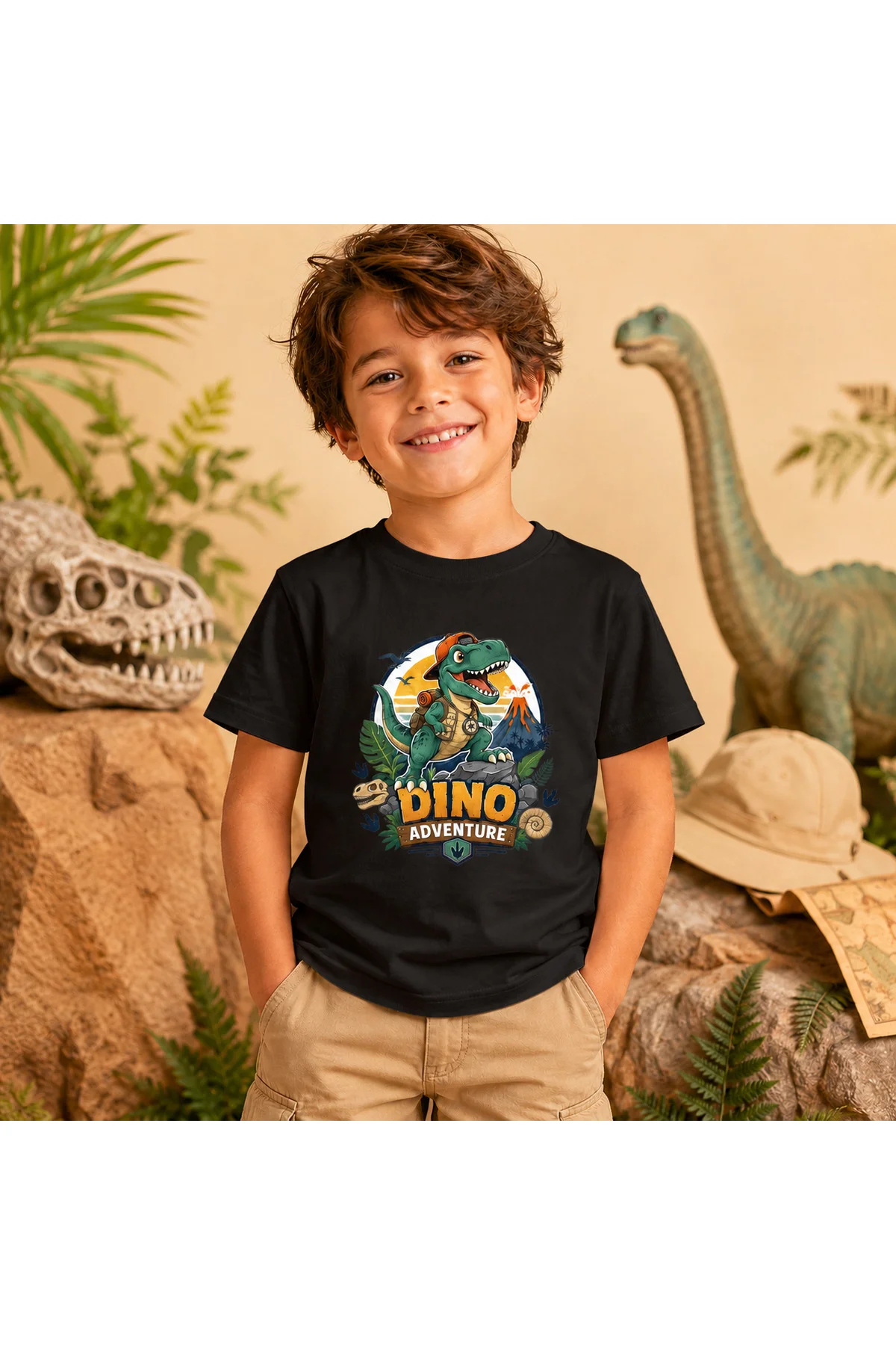 Çocuk Dinozor Macera Baskılı Kısa Kollu Bisiklet Yaka T-Shirt