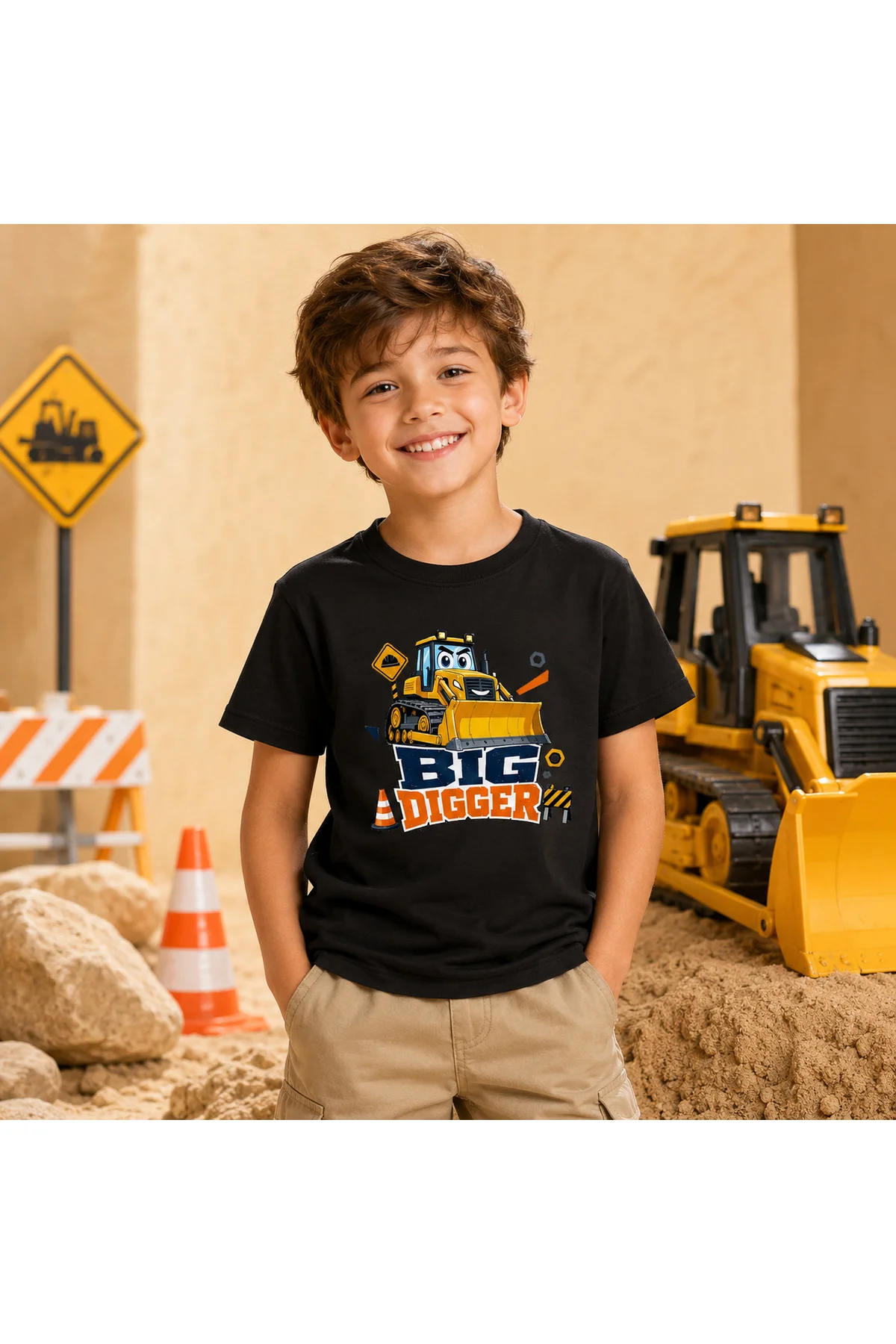 Çocuk Dozer Baskılı Kısa Kollu Bisiklet Yaka T-Shirt