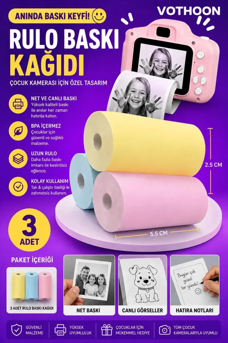 Çocuk Fotoğraf Makinesi Yedek Termal Baskı Kağıdı Renkli 3'lü Rulo – 57x25mm Fiyatı, Yorumları ve Özellikleri