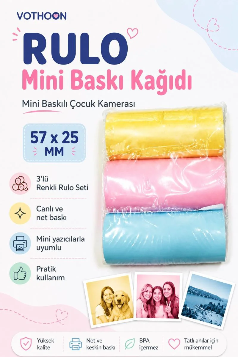 Çocuk Fotoğraf Makinesi Yedek Termal Baskı Kağıdı Renkli 3'lü Rulo – 57x25mm Fiyatı, Yorumları ve Özellikleri