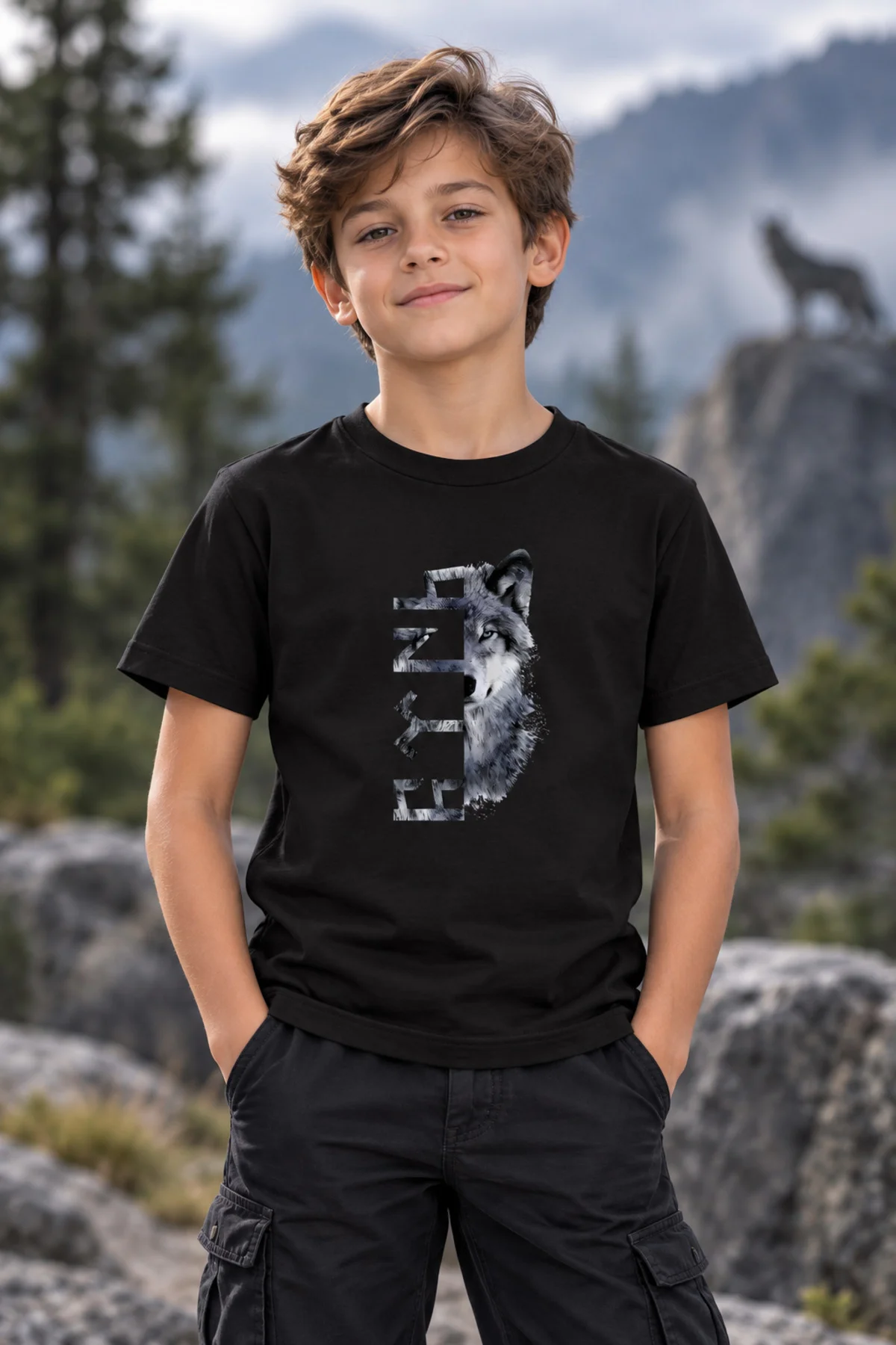 Çocuk Göktürk Yazılı Kurt Baskılı Tişört – Bozkurt Temalı Kısa Kollu Bisiklet Yaka T-Shirt