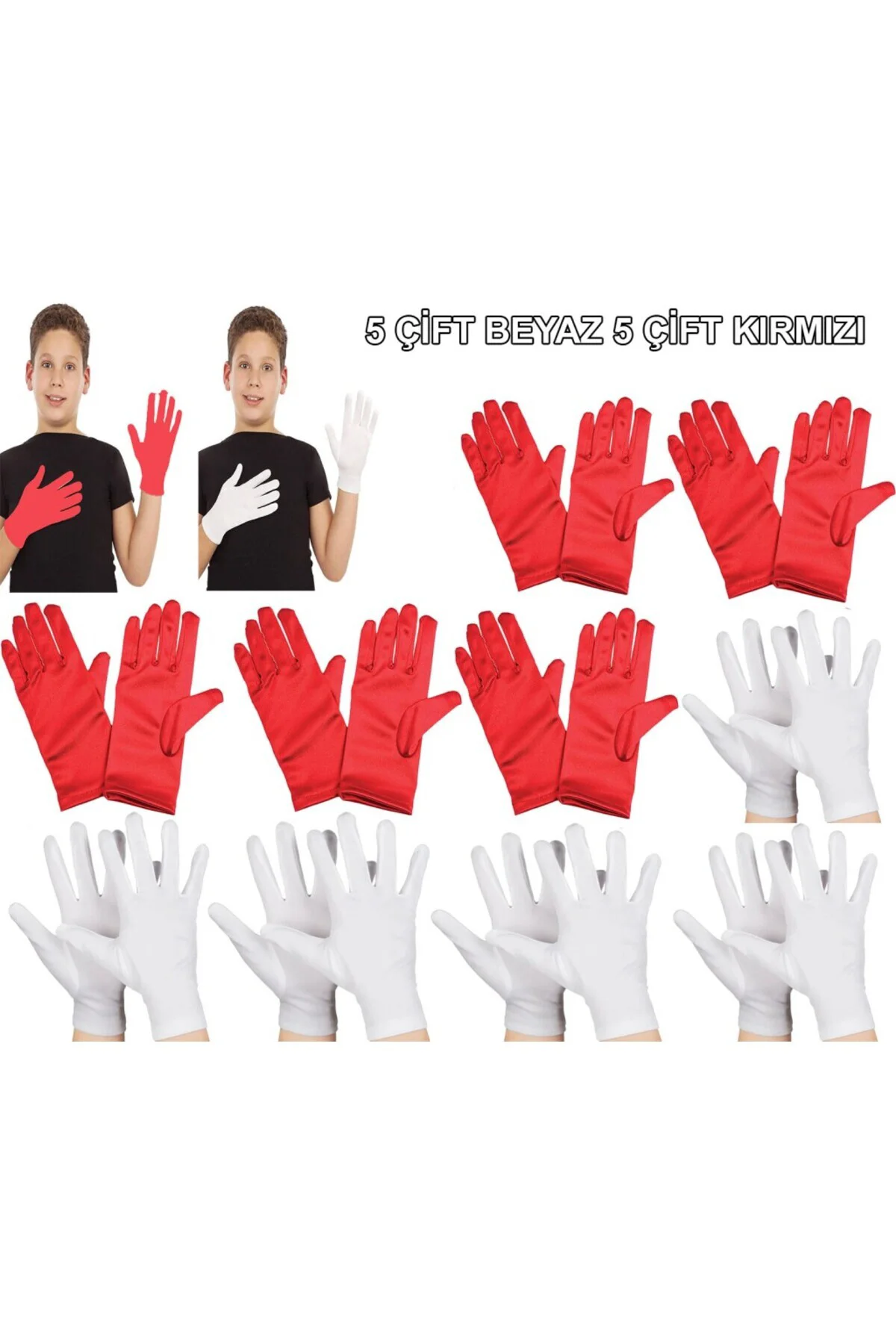 Çocuk Gösteri Eldiven Seti – 5 Çift Beyaz & 5 Çift Kırmızı
