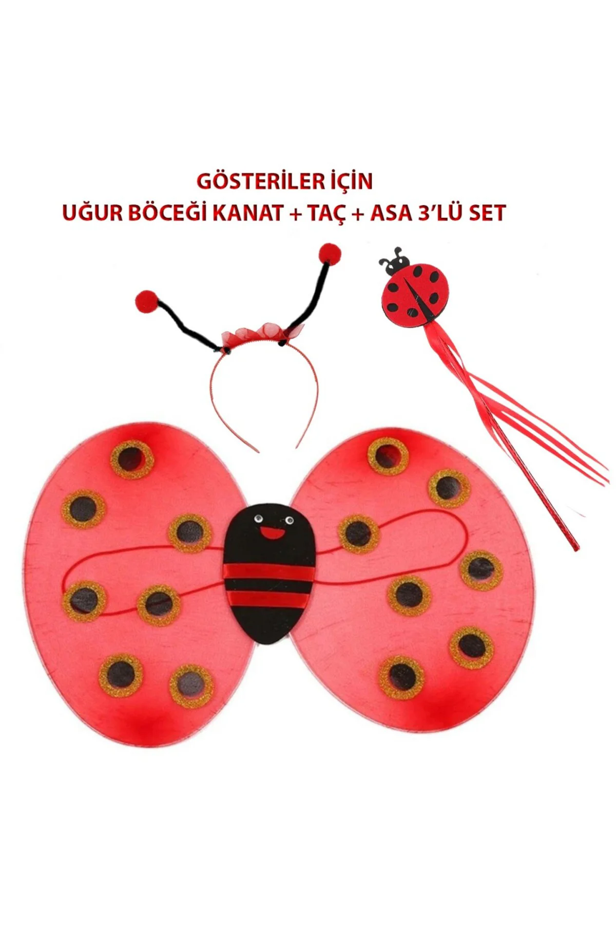 Çocuk Gösteri İçin Uğur Böceği Kanat + Taç + Asa 3 lü Kostüm Seti