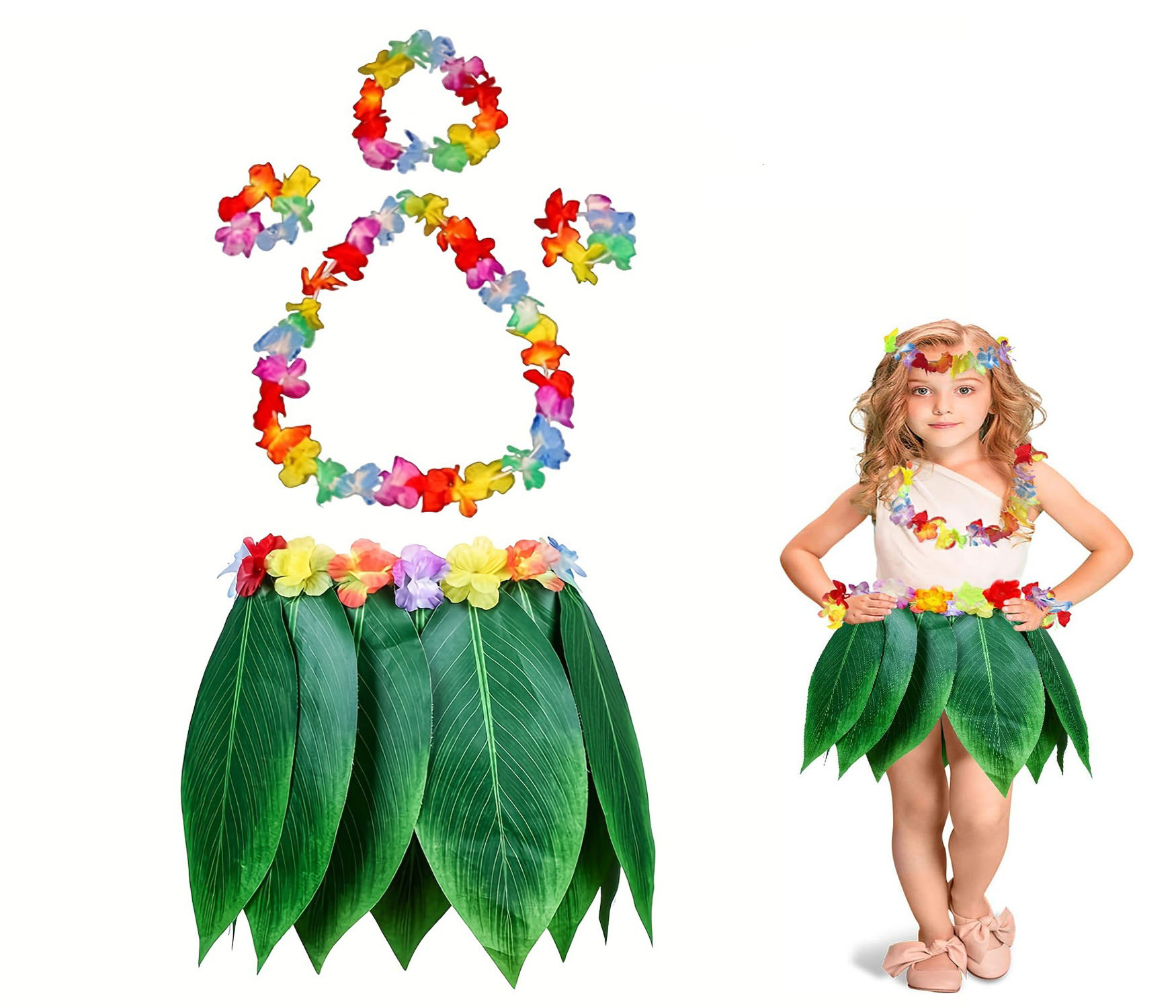 Çocuk Hawaii Kostüm Seti - Yaprak Etek & Hawaii Set - 5 Parça