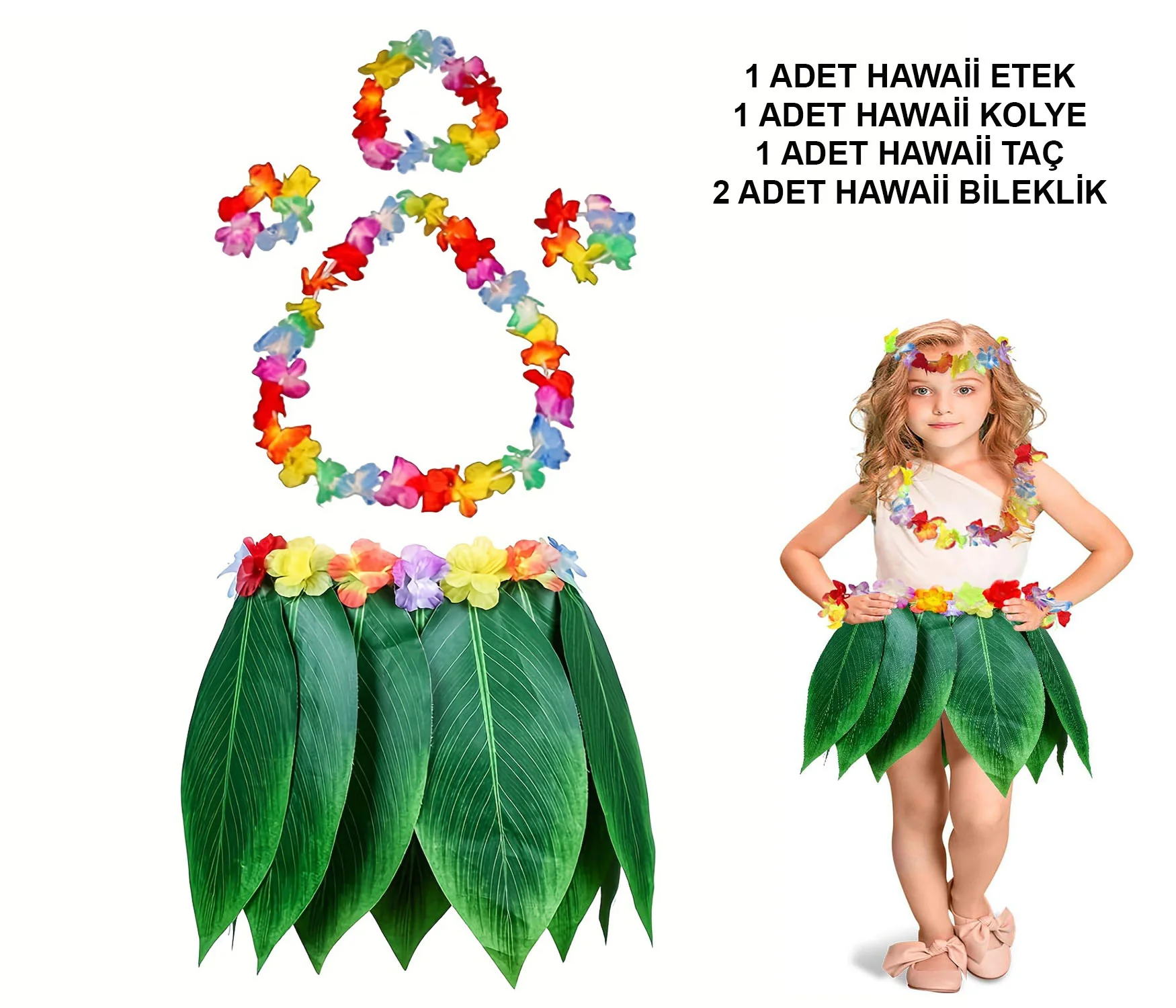 Çocuk Hawaii Kostüm Seti - 5 Parça Tropikal Yaprak Etek & Çiçekli Aksesuarlar